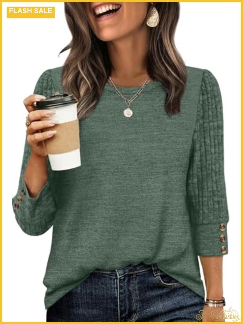 Lightweight Sweater Top 3/4 Sleeve Button Loose Fit Blouse for Women